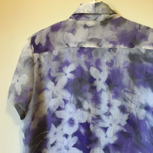 Vintage Y2K Chiffon Floral Watercolour Short Sleeve Button Up Pintuck Shirt - Picture 7 of 16